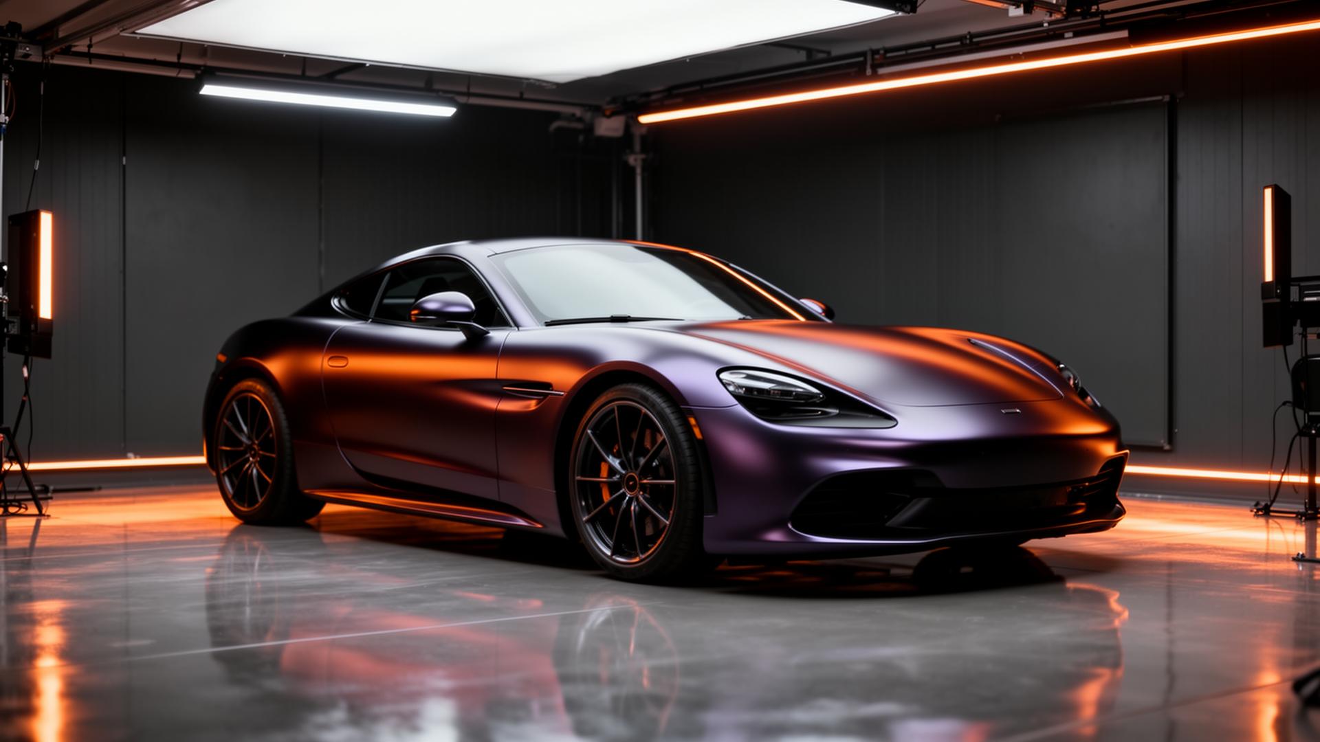 Sports car wrapped in color-shift vinyl in a professional studio